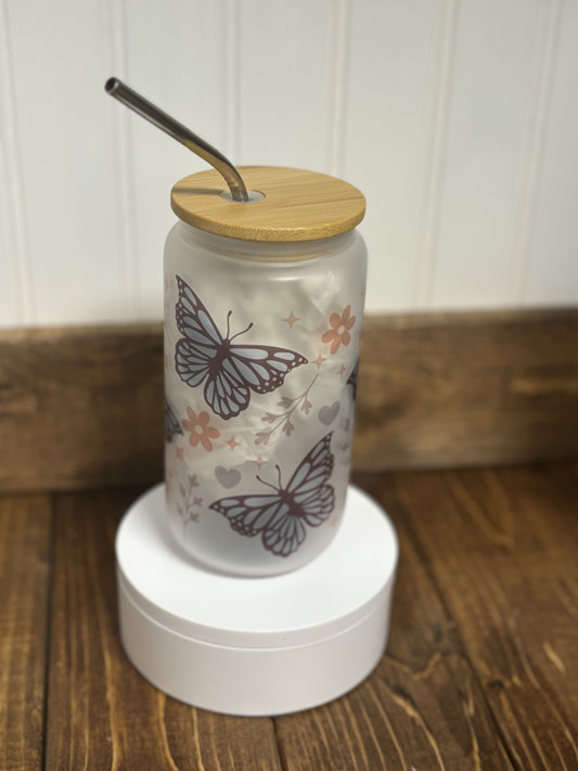 Butterfly glass “can” tumbler 16oz